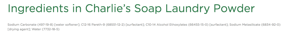 Screen Shot of Charlies Soap Laundry Powder Ingredients
