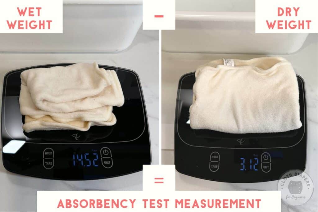 Absorbency measurements of the Mama Koala Double Fold 3-Layer Bamboo Hemp Cotton Cloth Diaper Insert, after prepping.